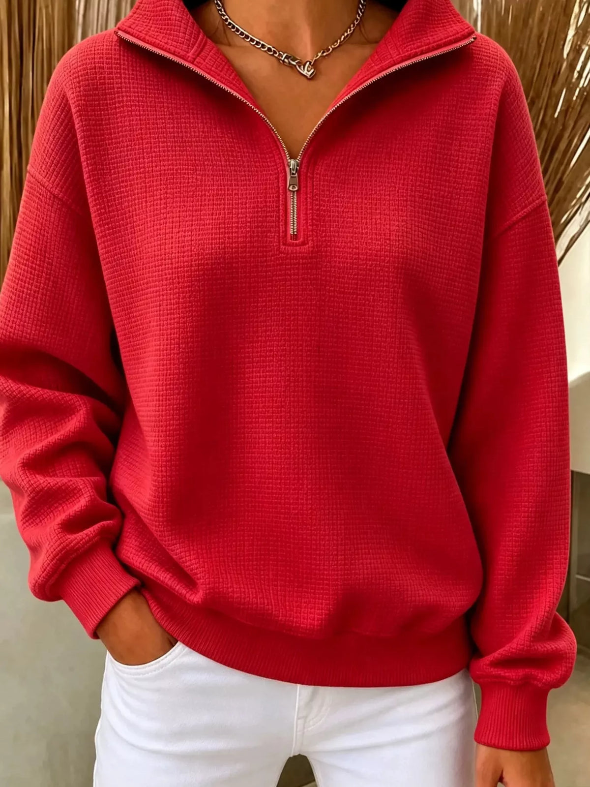 Våffelstickad sweatshirt med kort dragkedja – bild 11