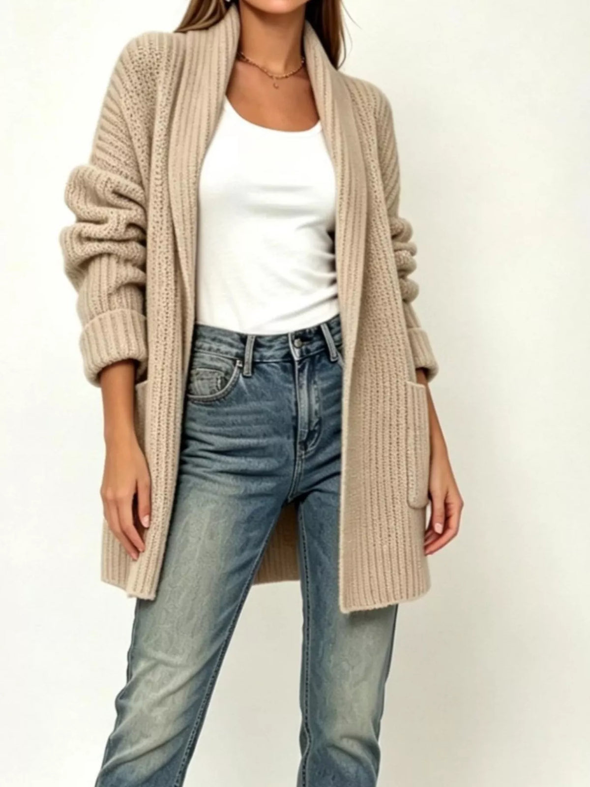 Ribbad cardigan med öppen modell och fickor – bild 3