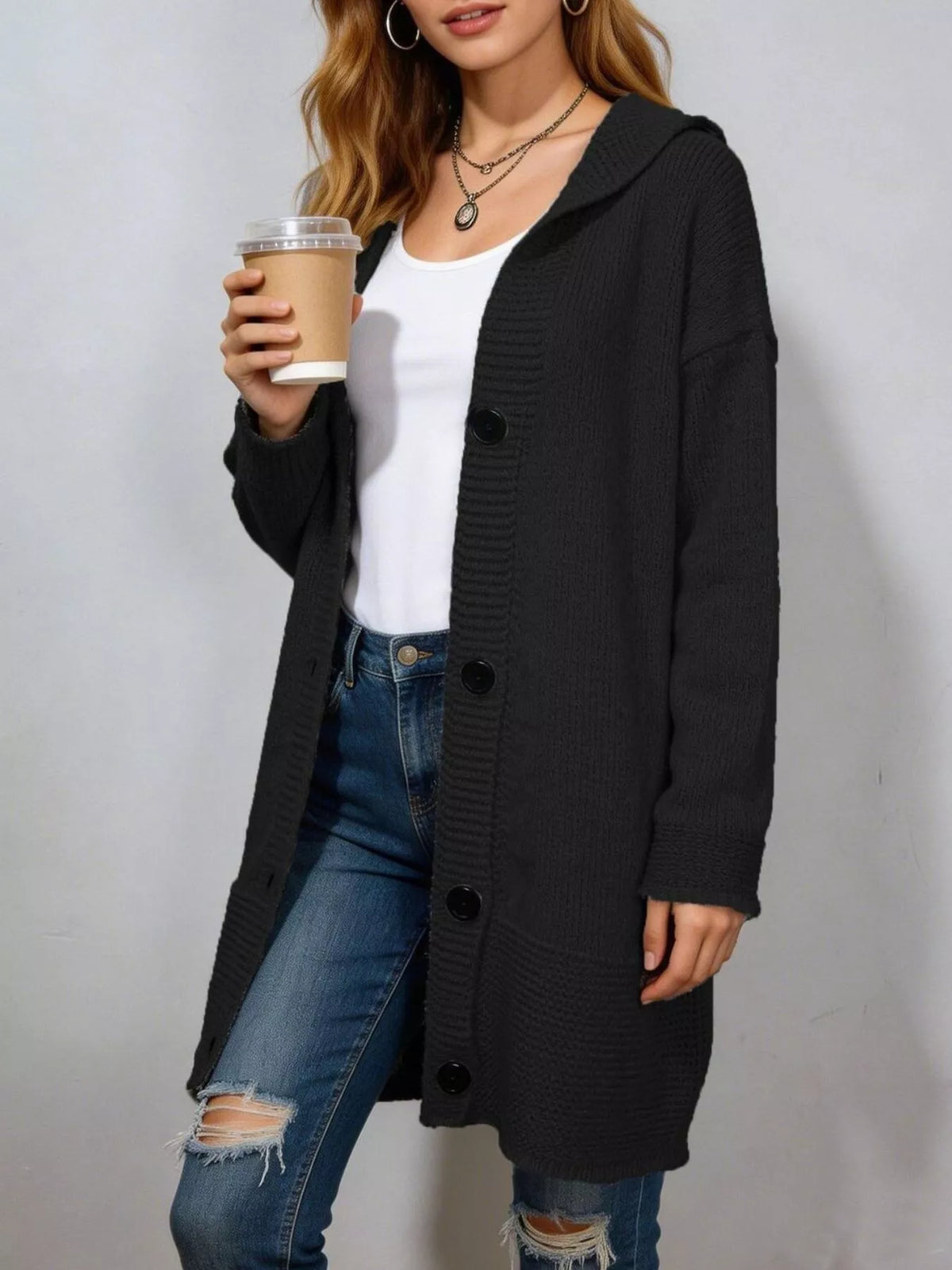 Ribbad cardigan med huva – bild 6