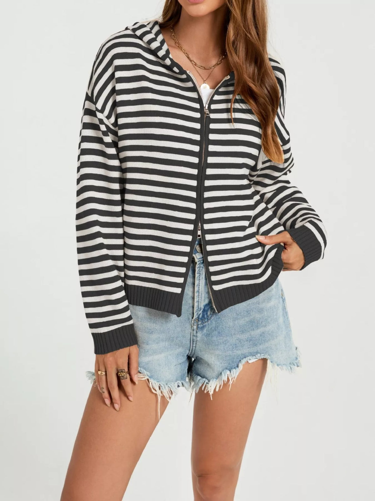 Randig cardigan med huva – bild 8