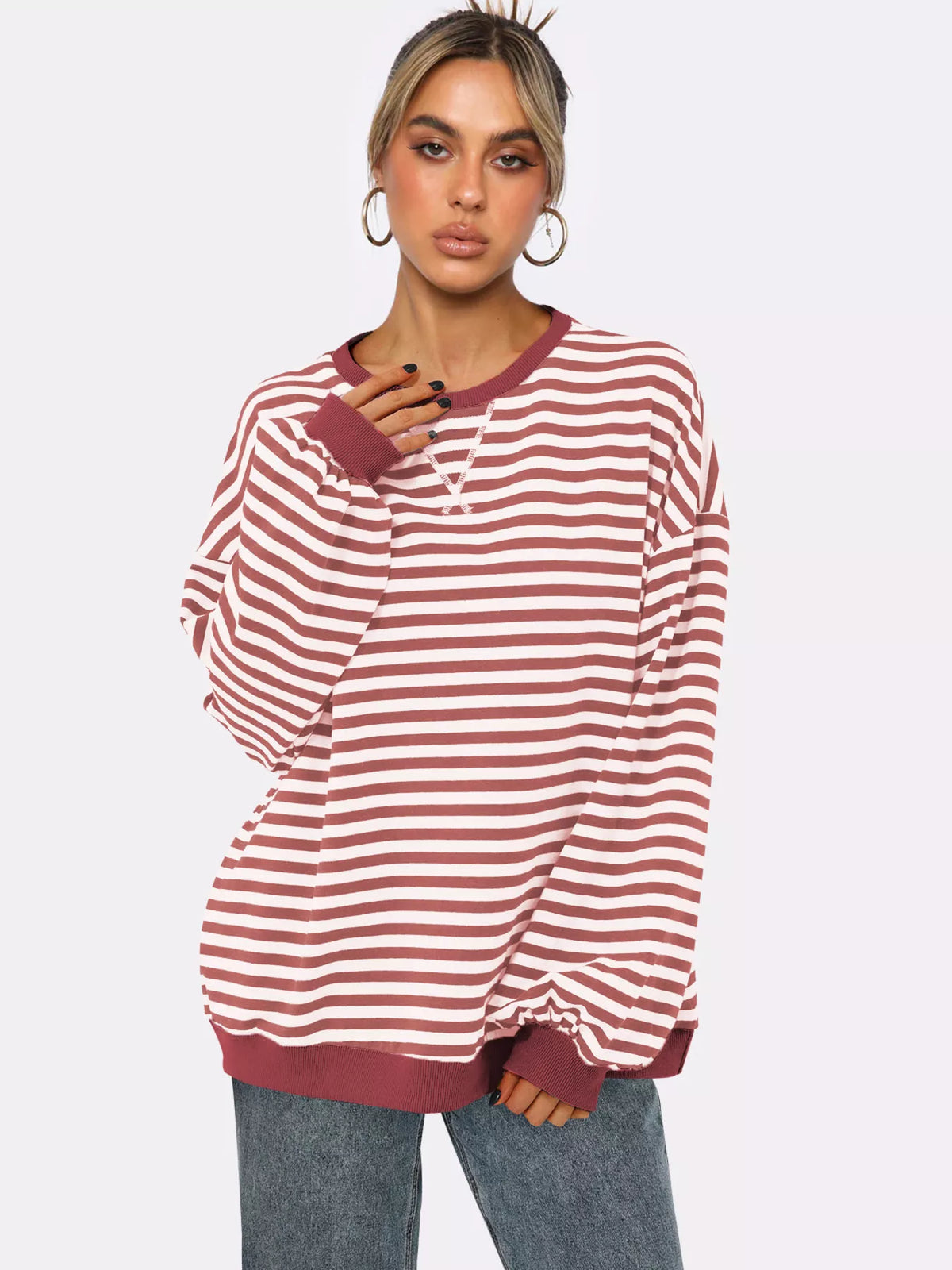 Randig ribbad sweatshirt med rund halsringning – bild 3