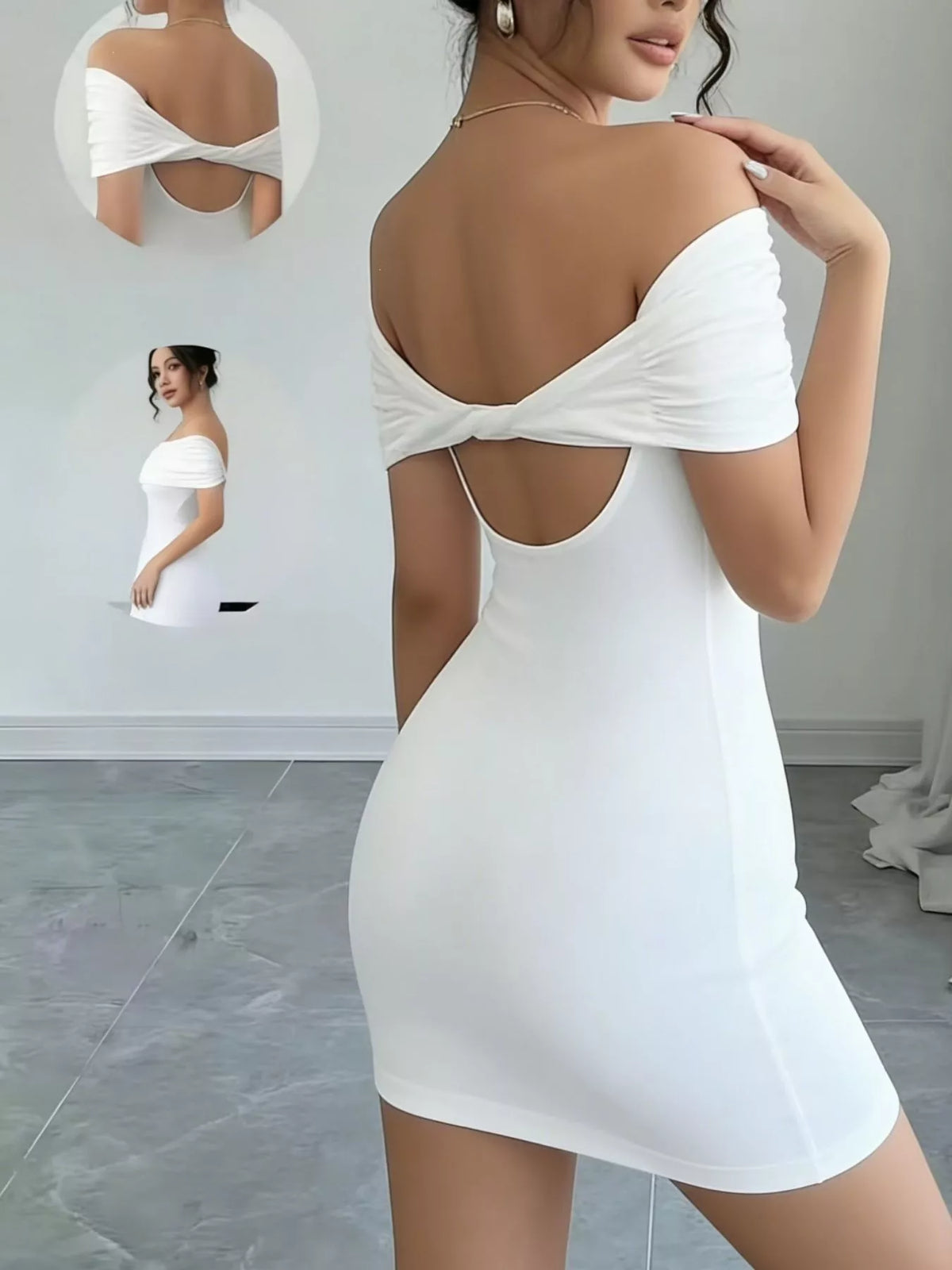 Figurnära offshoulder miniklänning med öppen rygg – bild 2