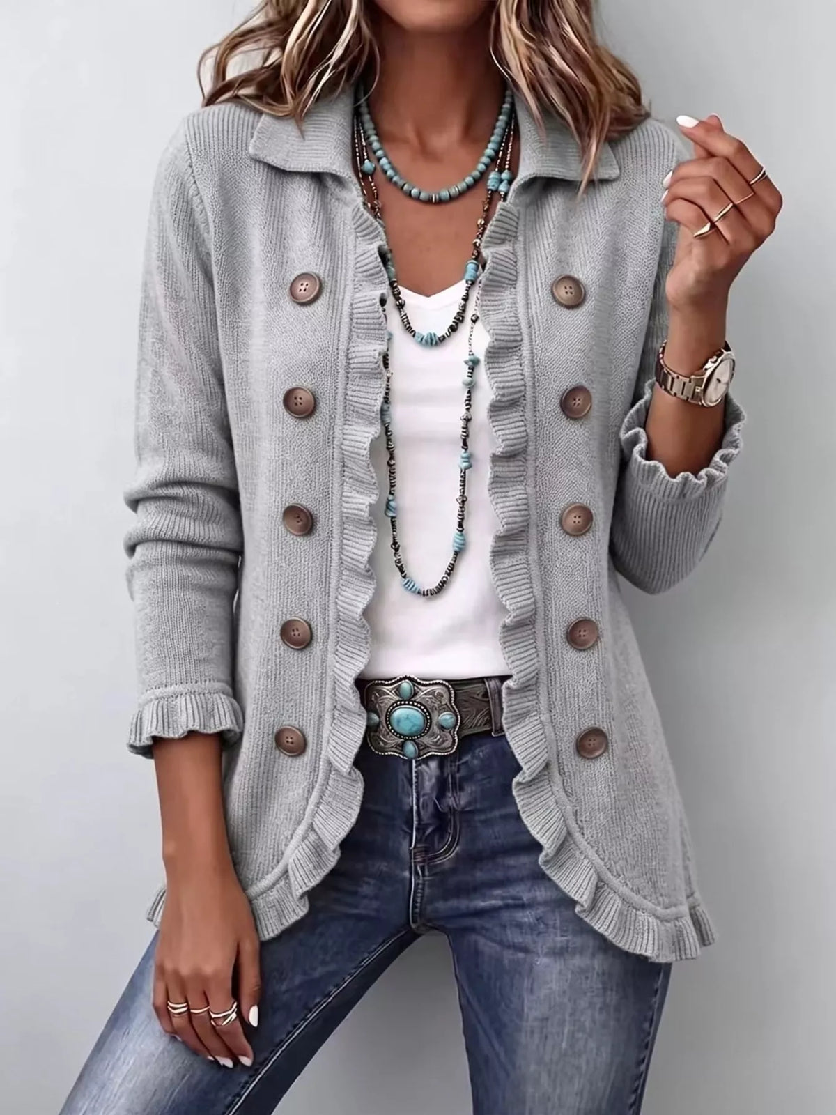 Ribbad cardigan med knappstängning och volang – bild 7
