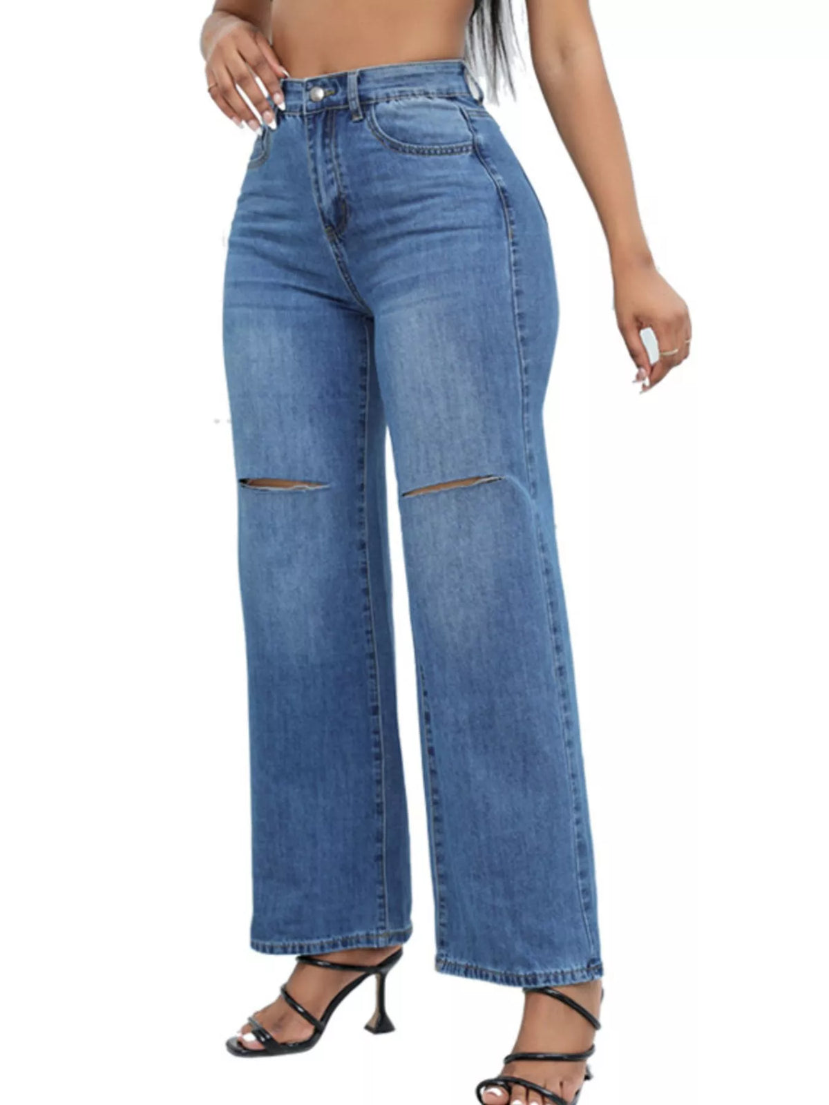 Vida jeans med knappstängning och slitna detaljer – bild 10