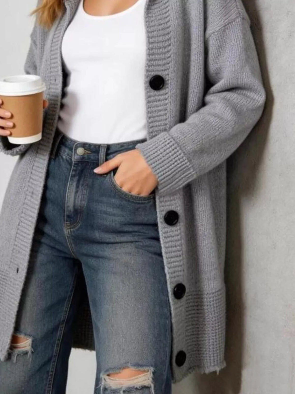 Ribbad cardigan med huva – bild 2
