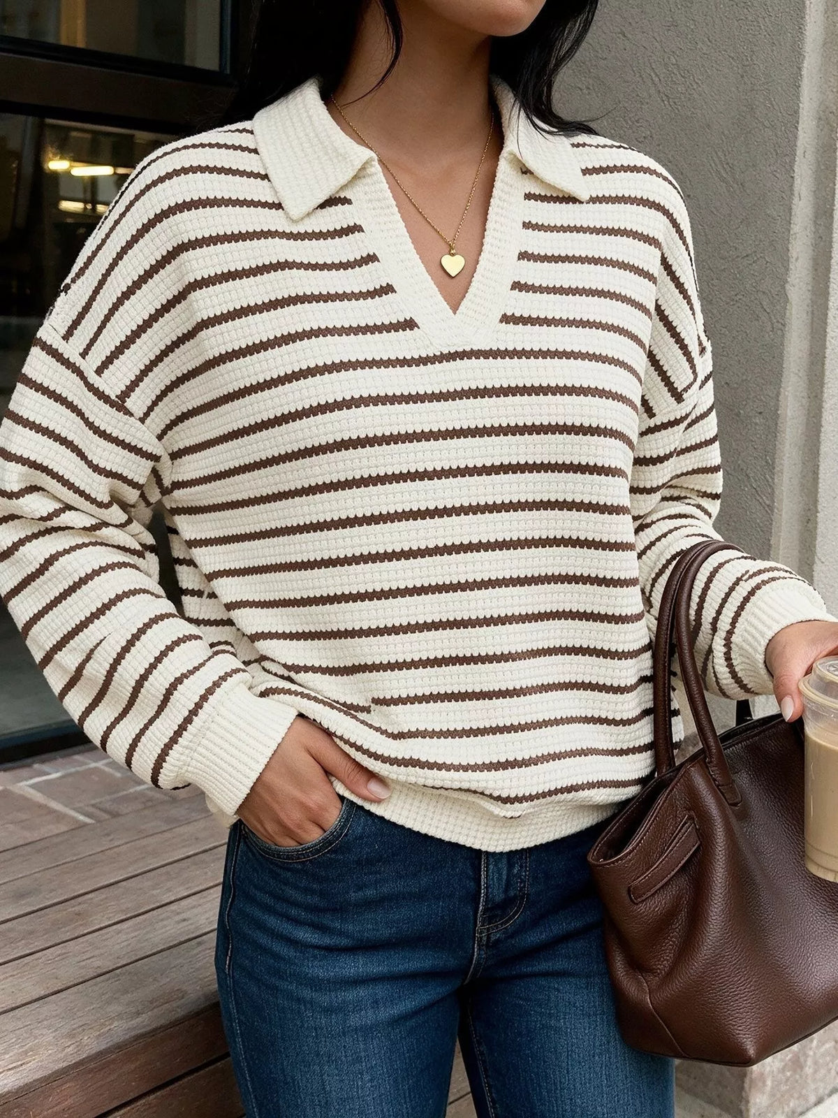 Randig sweatshirt med polokrage – bild 6