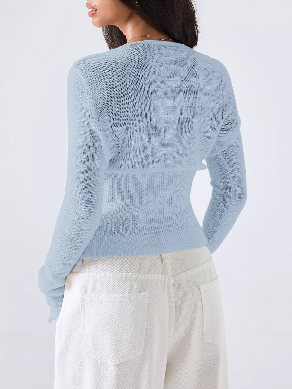Ribbad v-ringad cardigan med knappstängning – bild 8