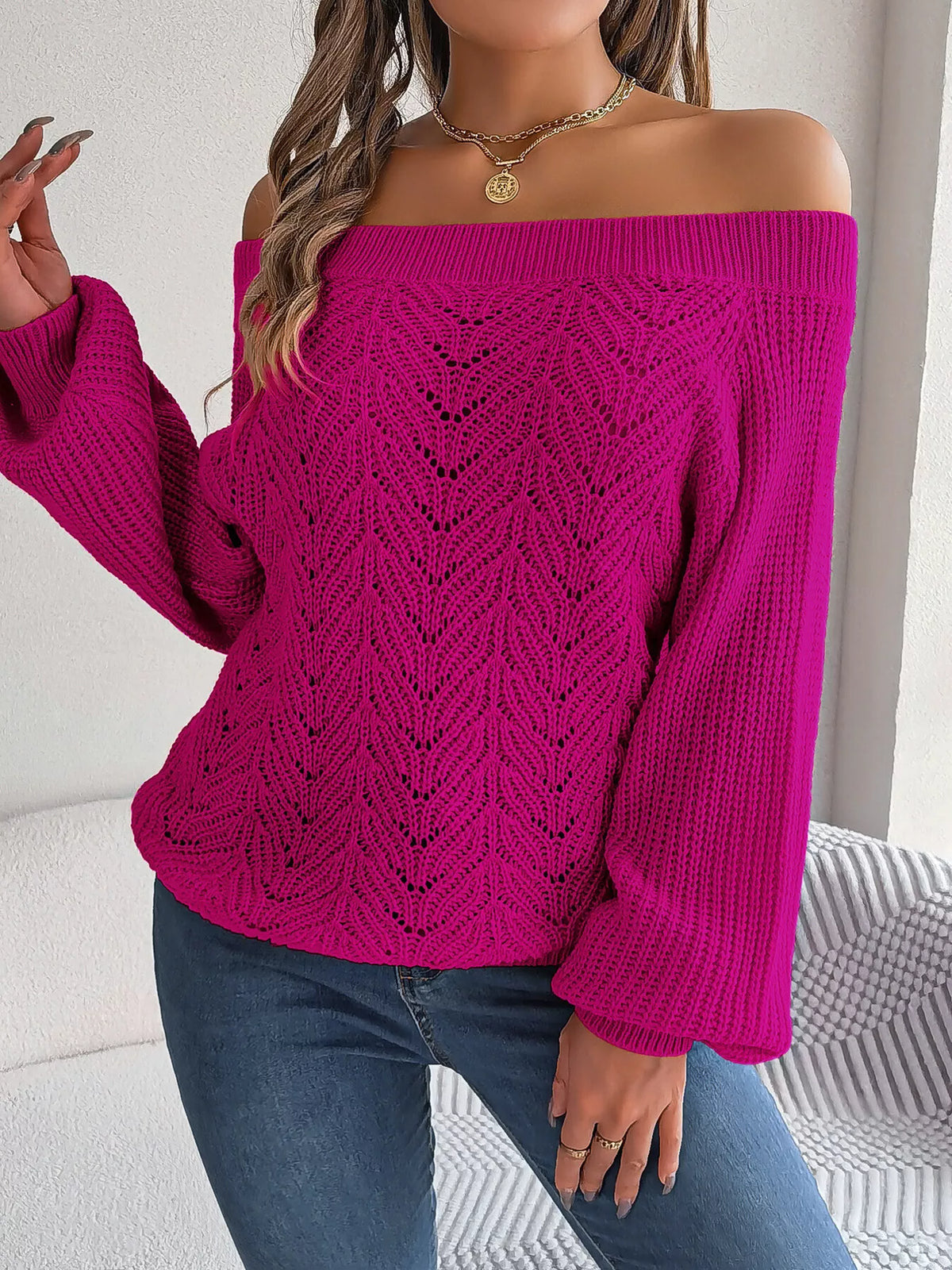 Hålmönstrad offshoulder tröja – bild 29