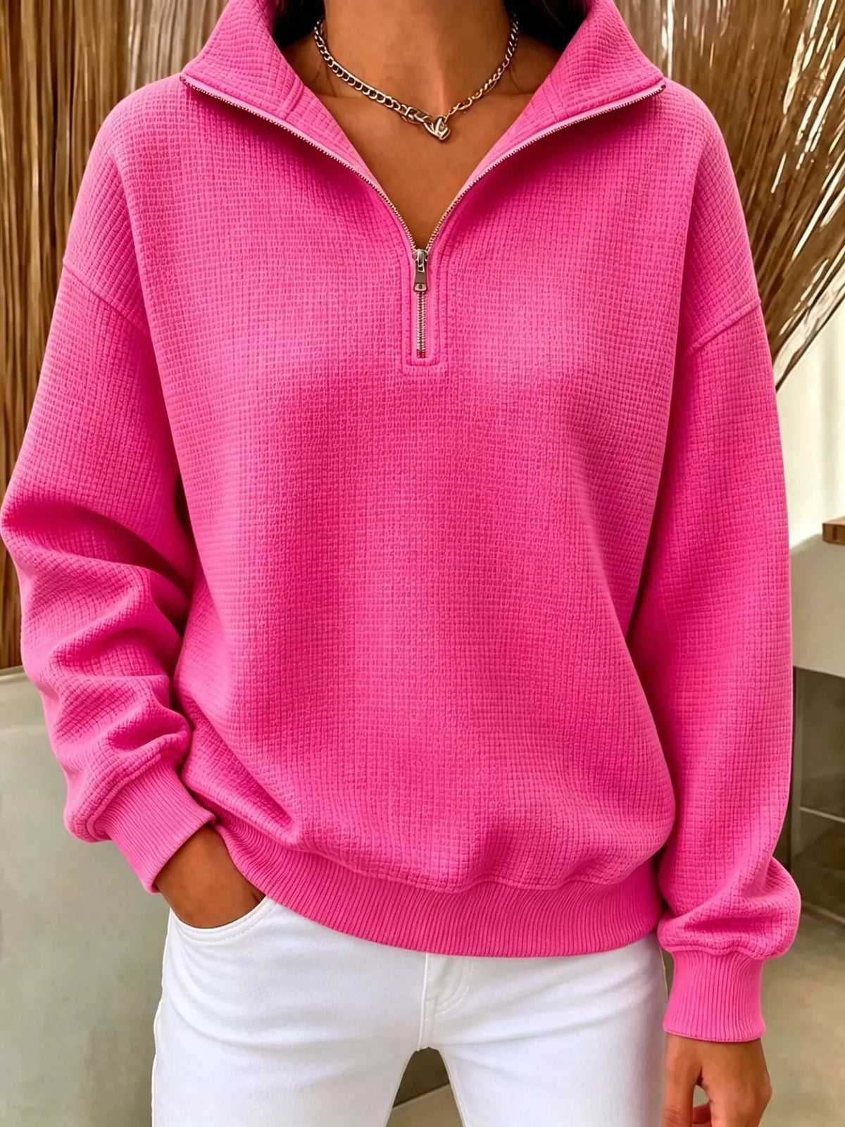 Våffelstickad sweatshirt med kort dragkedja – bild 8
