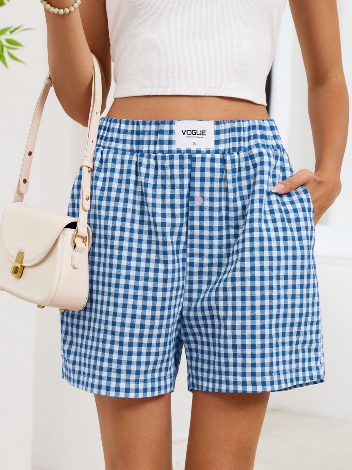 Rutiga shorts med resårmidja – bild 7