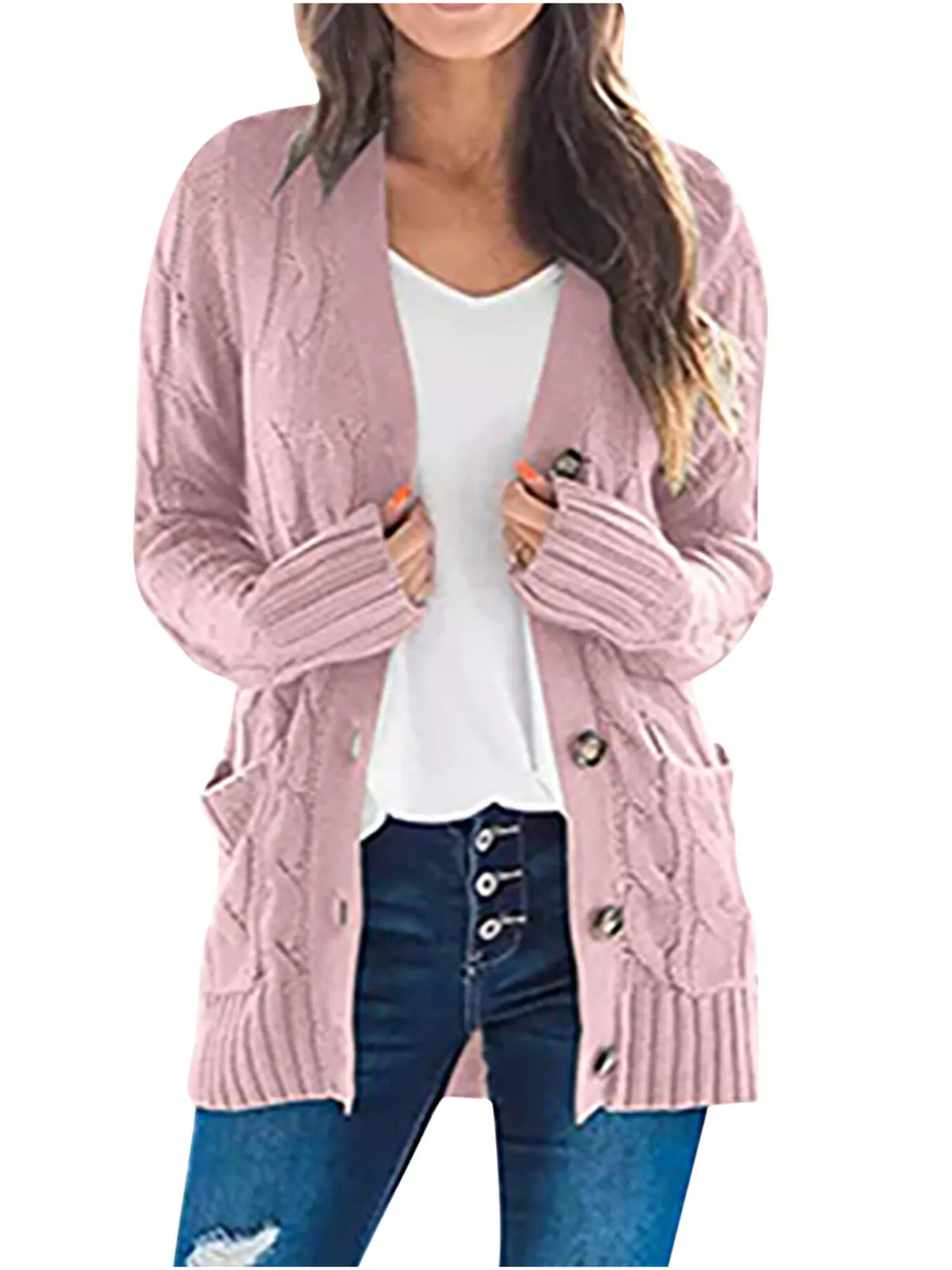 Grovstickad cardigan med knappstängning – bild 7