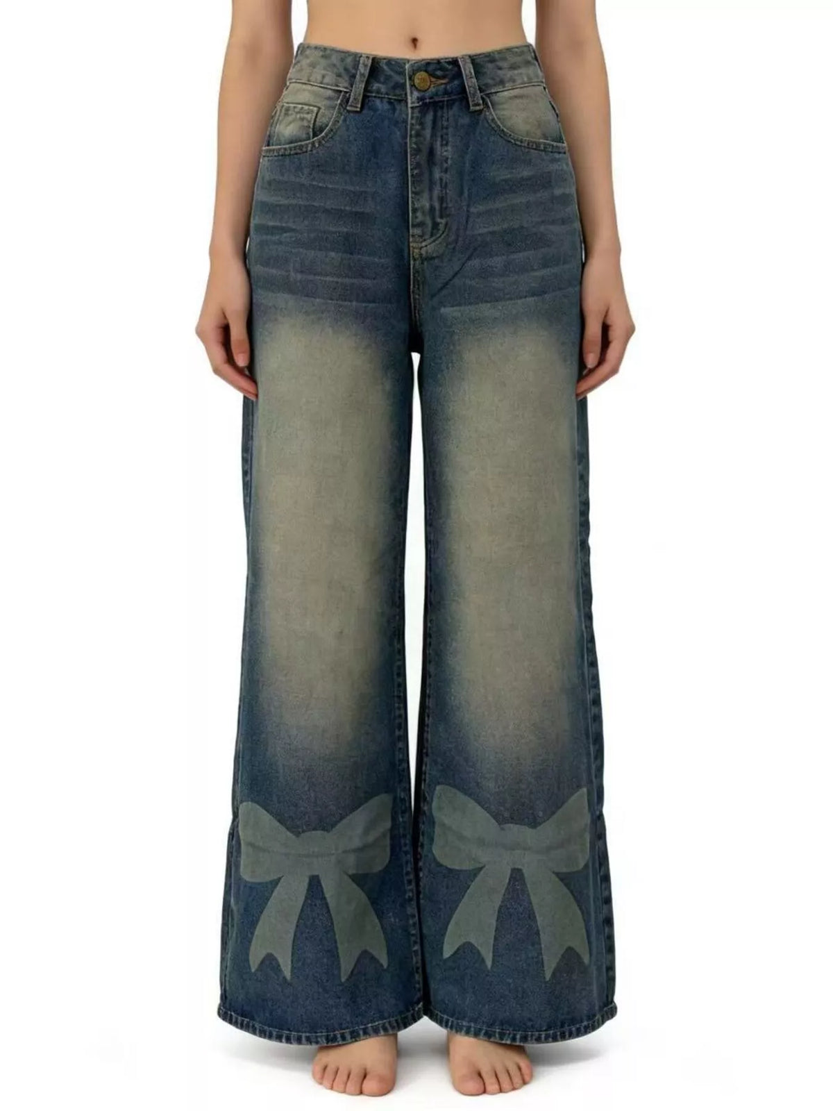 Vida jeans med knappstängning och rosett – bild 5