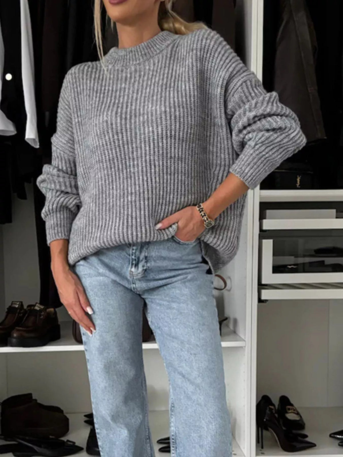 Ribbad tröja med rund halsringning i polyester – bild 2