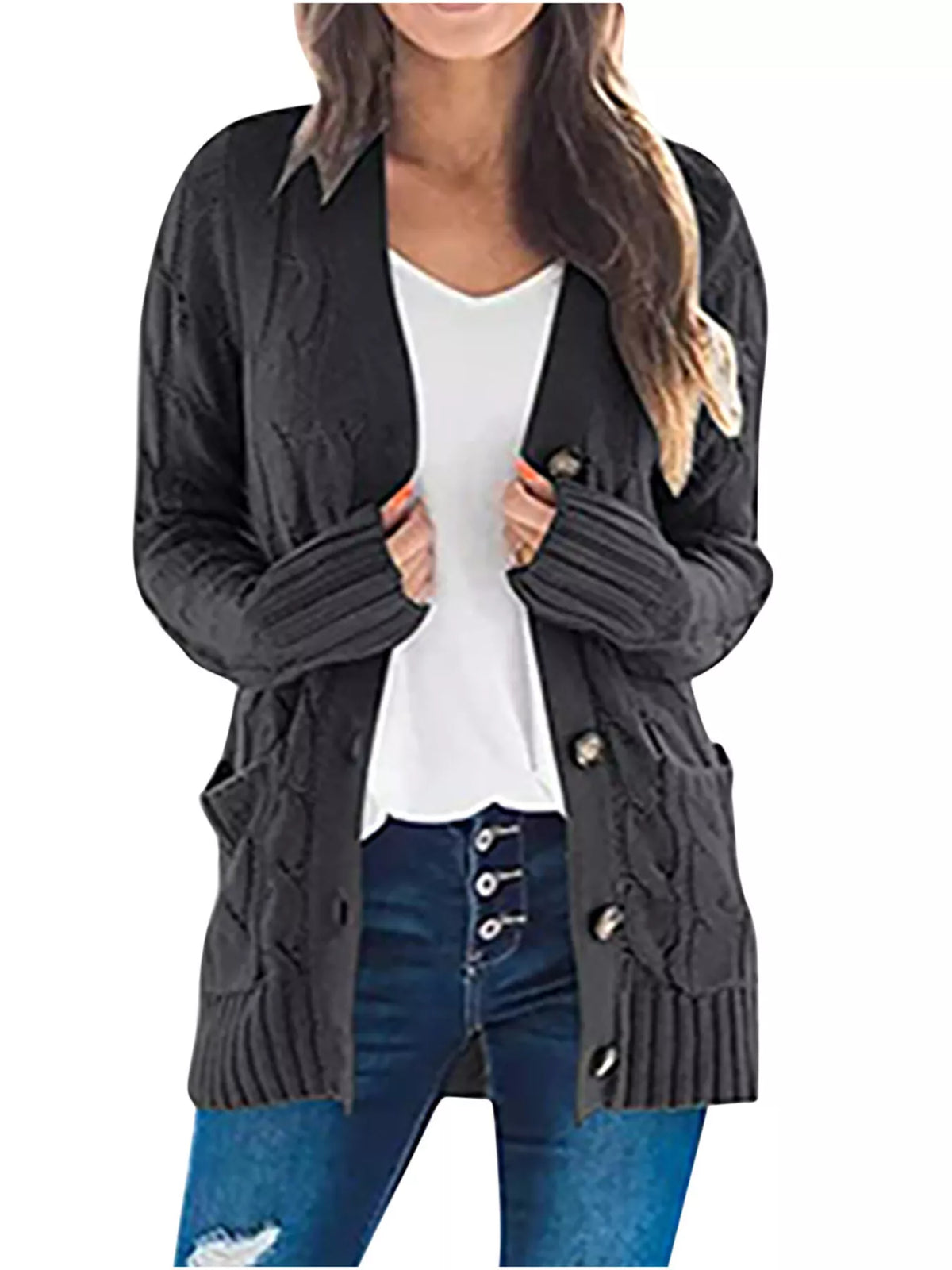 Grovstickad cardigan med knappstängning – bild 5