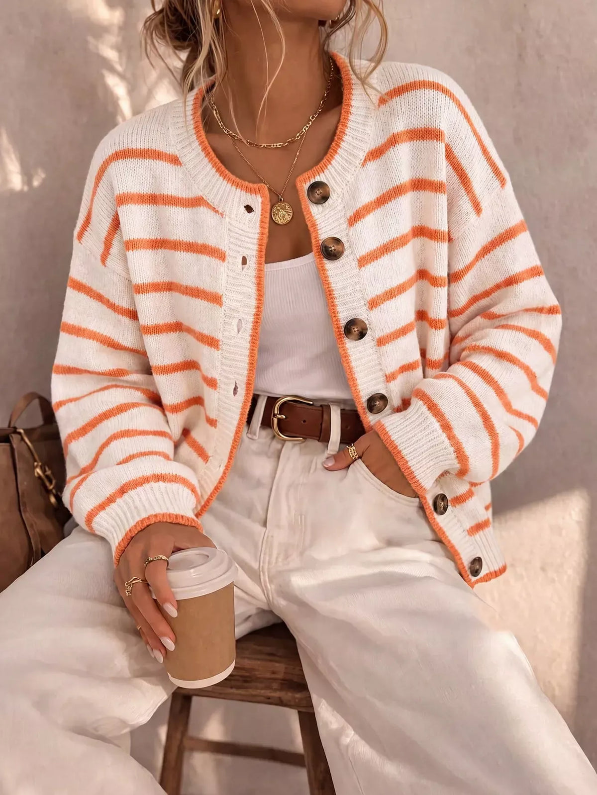 Randig stickad cardigan med knappstängning i polyester – bild 5