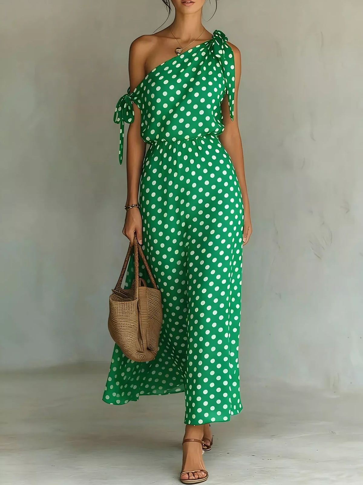 Prickig enaxlad maxiklänning med knytdetalj – bild 4