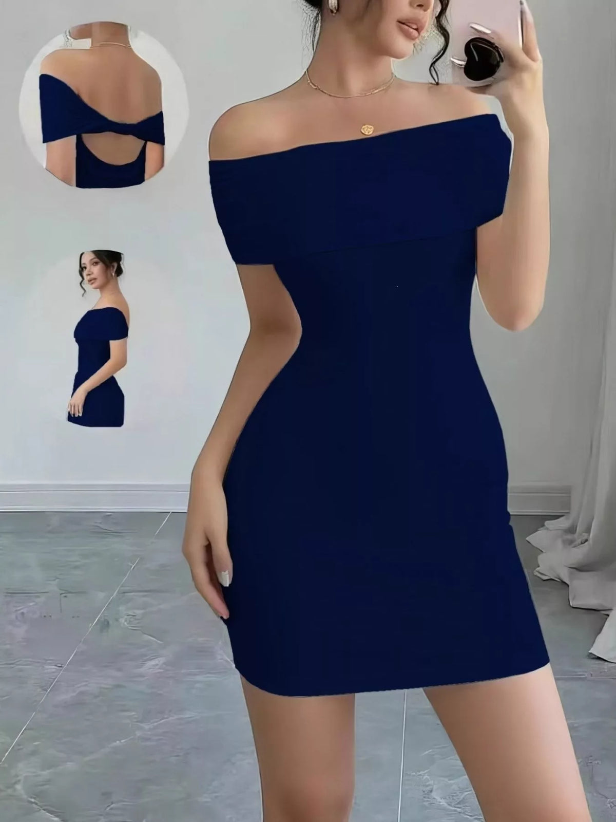 Figurnära offshoulder miniklänning med öppen rygg – bild 5