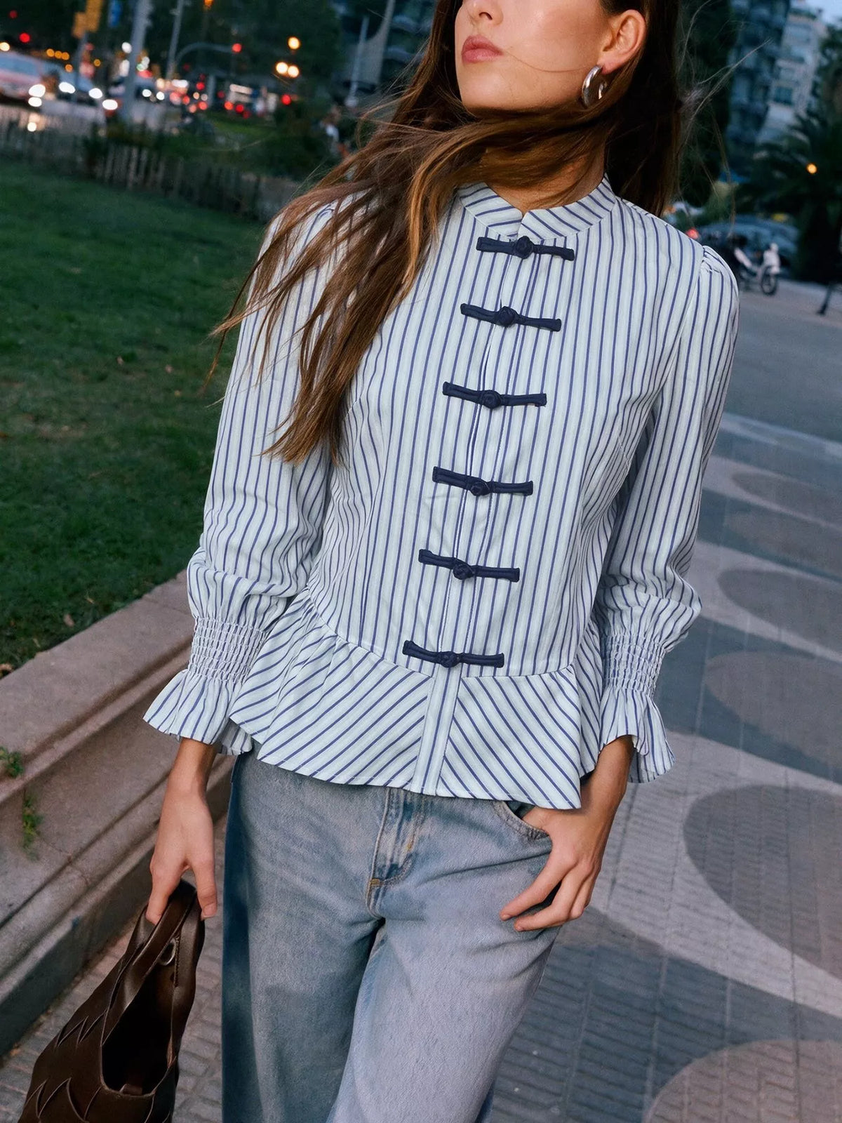 Randig smockad skjorta med peplum – bild 6