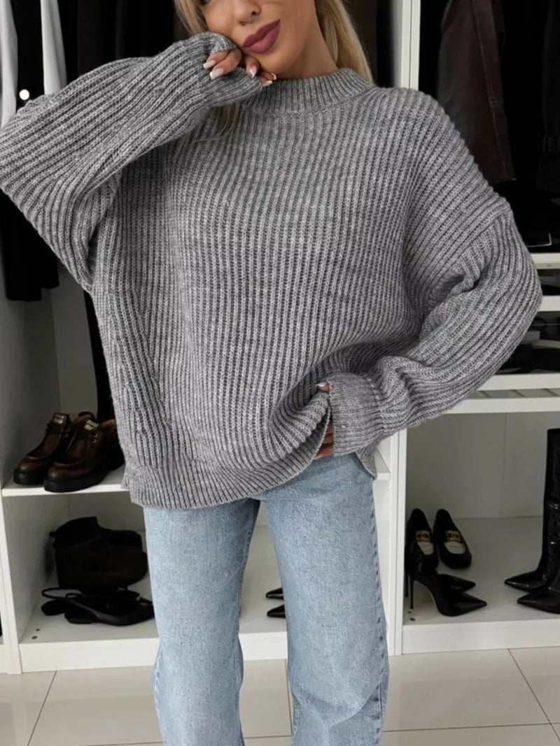 Ribbad tröja med rund halsringning i polyester