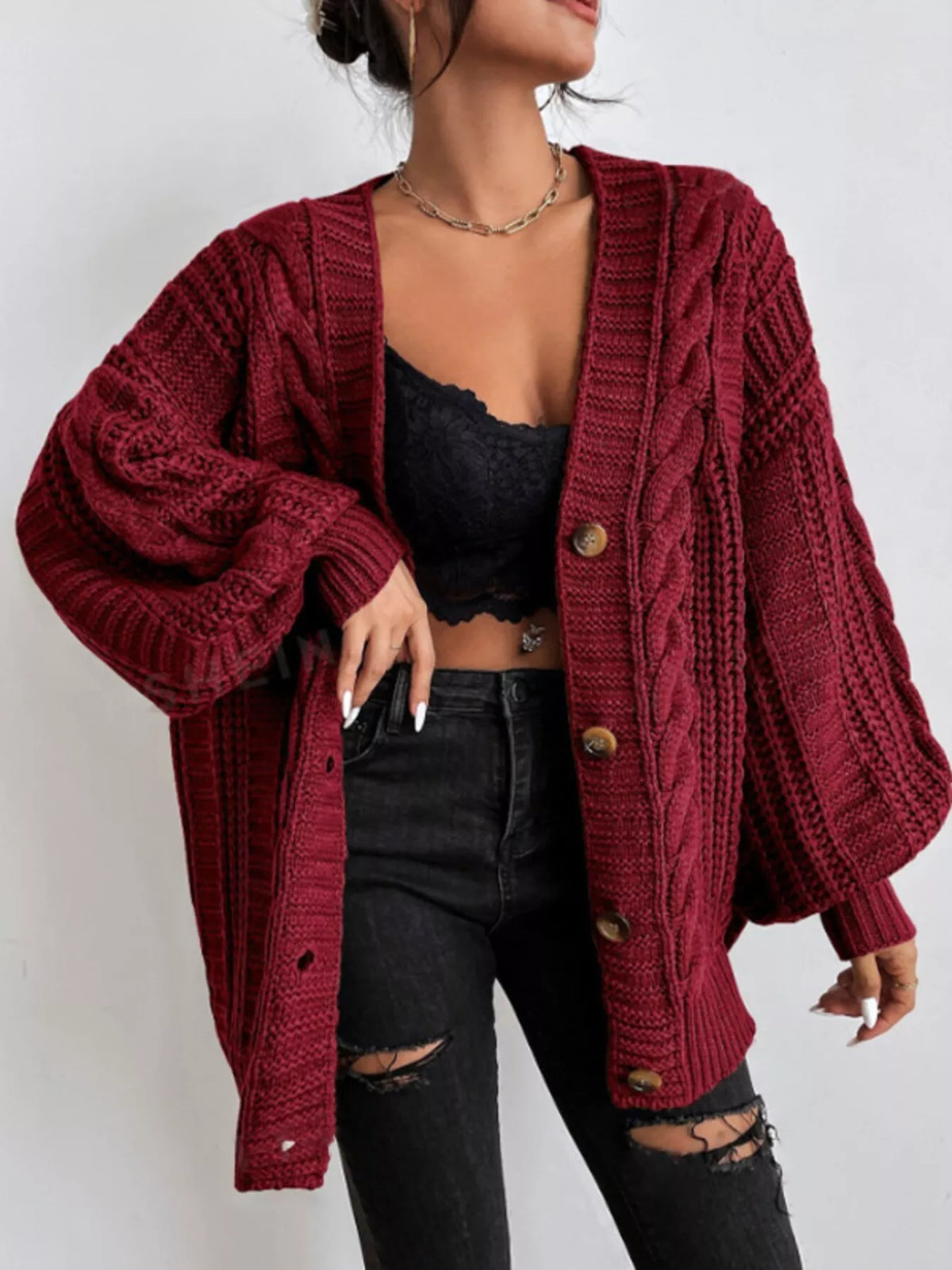 Kabelstickad oversize cardigan – bild 8